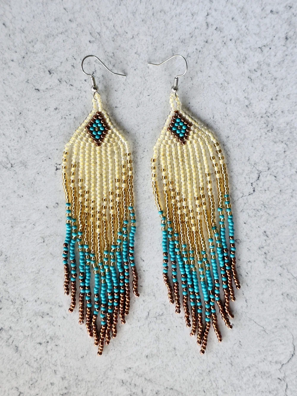 Handmade Aia Southwestern Boho Fringe Beaded Earrings - Cream Blue